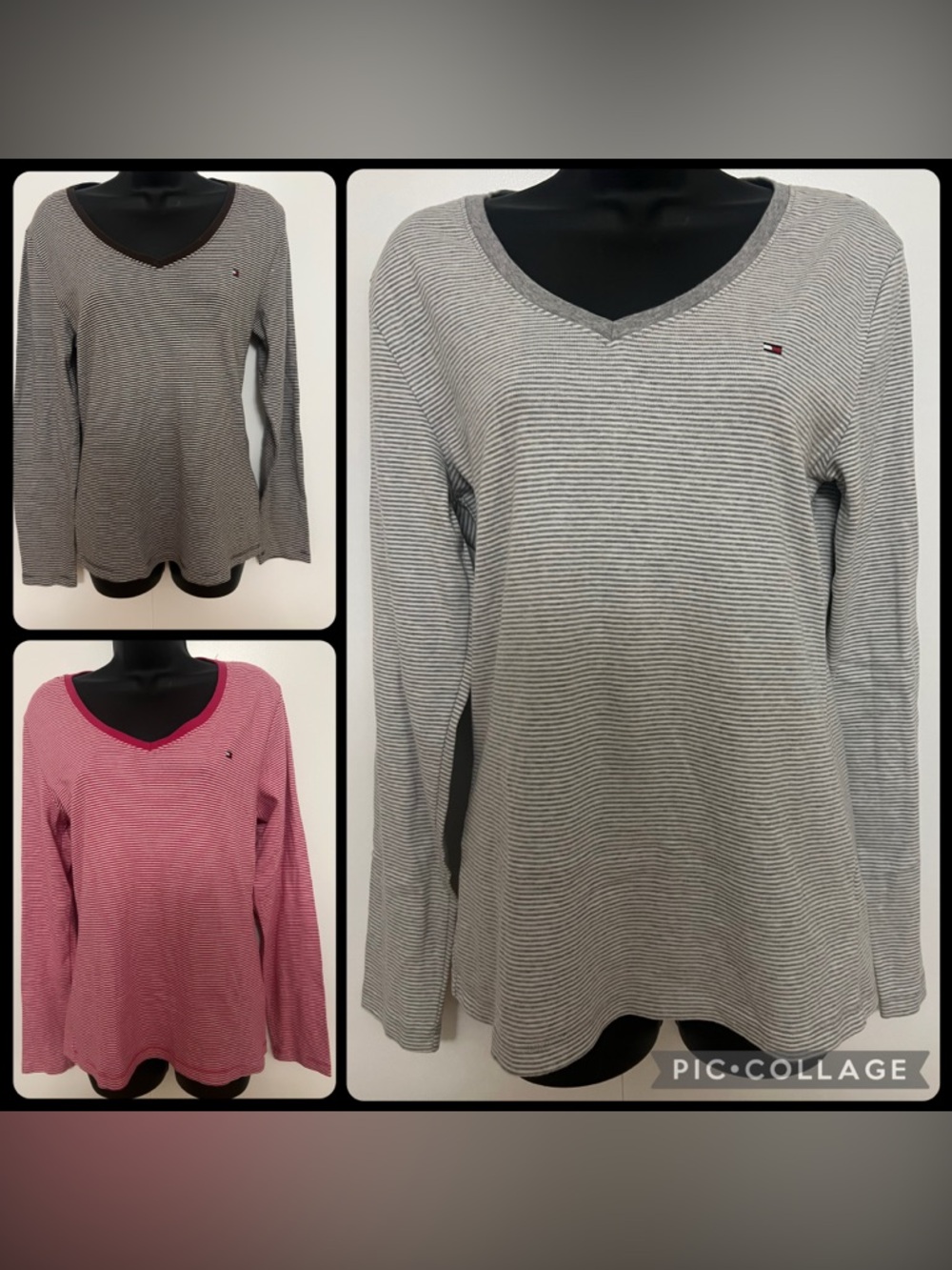 Tommy Hilfiger (3 pack) Women's Striped V-Neck Long Sleeve Top - Gray / Pink